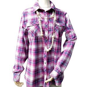 Pink Plaid Flannel Cabela Shirt with Costume Jewelry Pearl Necklace Fall Fashion
